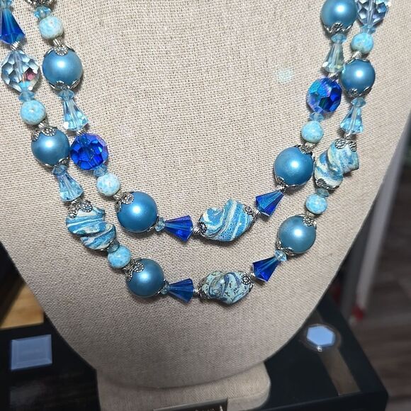 Vintage Vendome Mid-Century Blue Crystal and Bead Double Strand Necklace - Picture 10 of 10